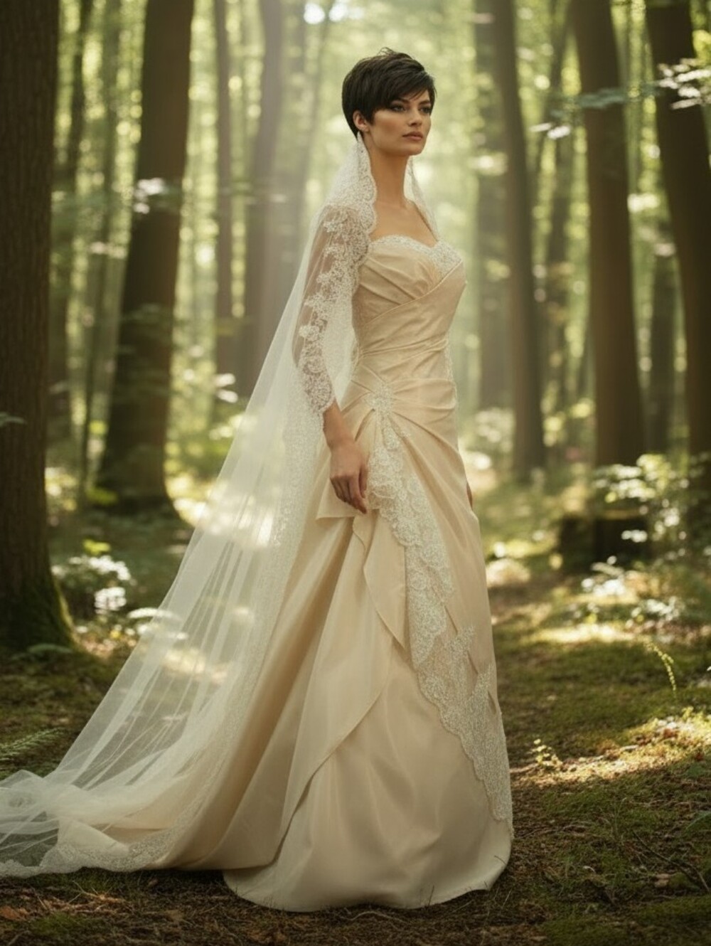 Maggie Sottero Elegant Strapless Lace-Trim Shimmer Taffeta Gown